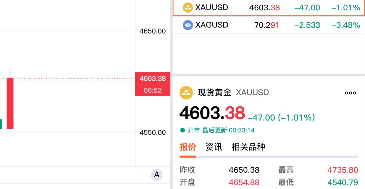 现货黄金有所反弹，
再次回到四千六百美元上方。

刚看了一下现货黄金情况，
现货