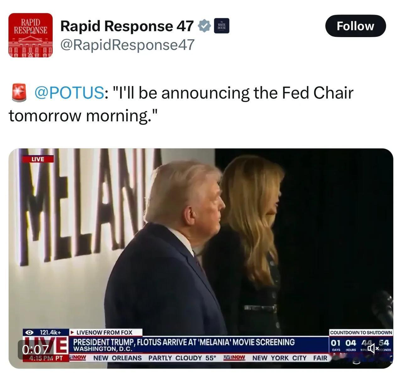 特朗普：明早宣布美联储主席人选。（北京时间30号晚）