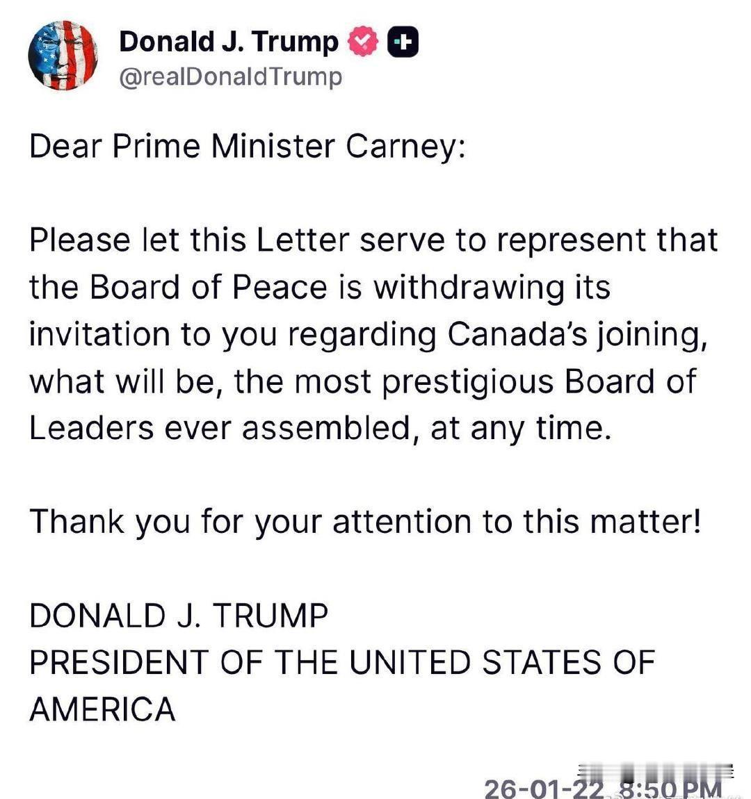 川普宣布将加拿大从和平委员会中“开除”。
“亲爱的Mark Carney总理：