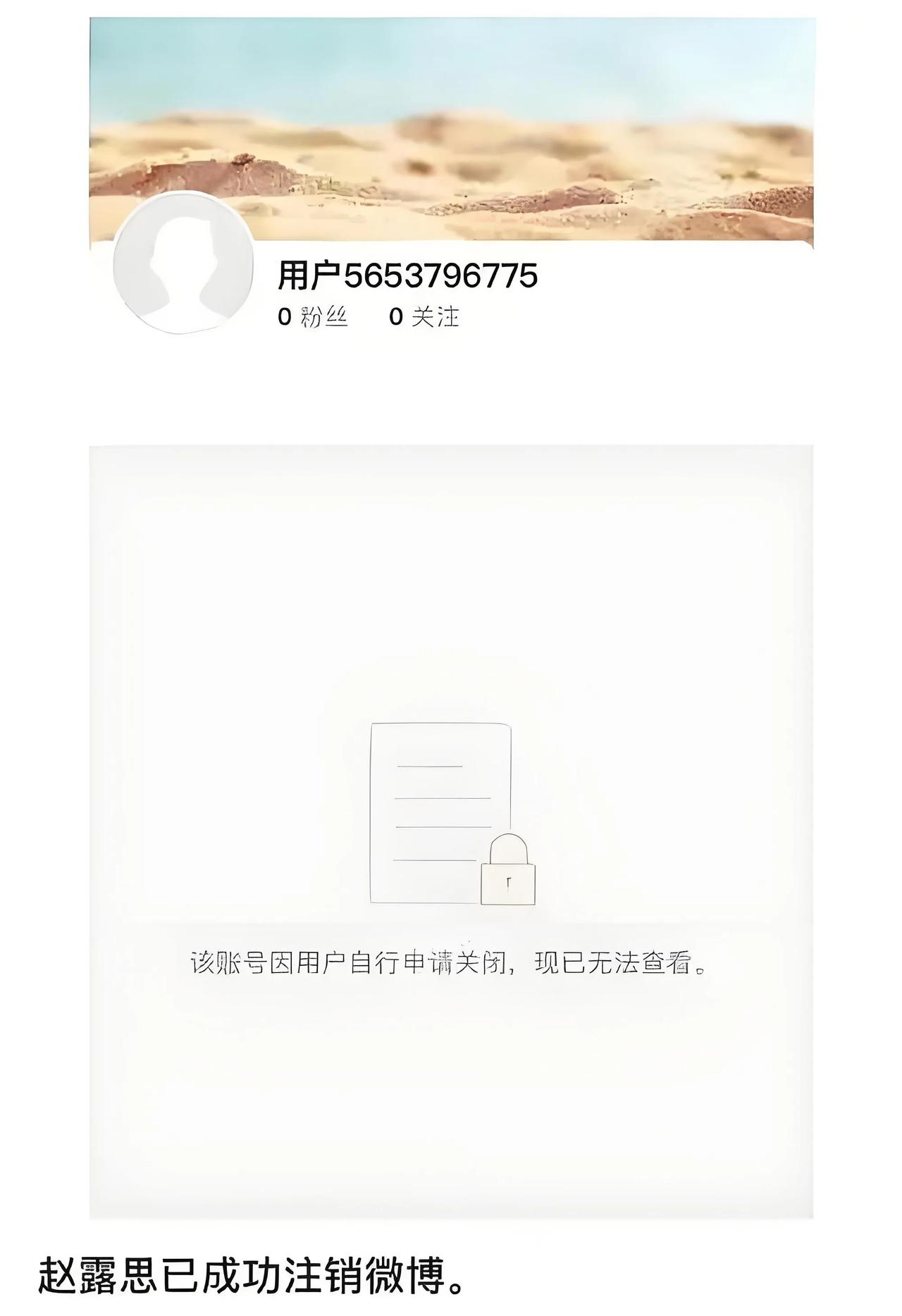 近日，网友发现赵露思微博账号显示“已注销”，其最后一条动态停留在2024年12月