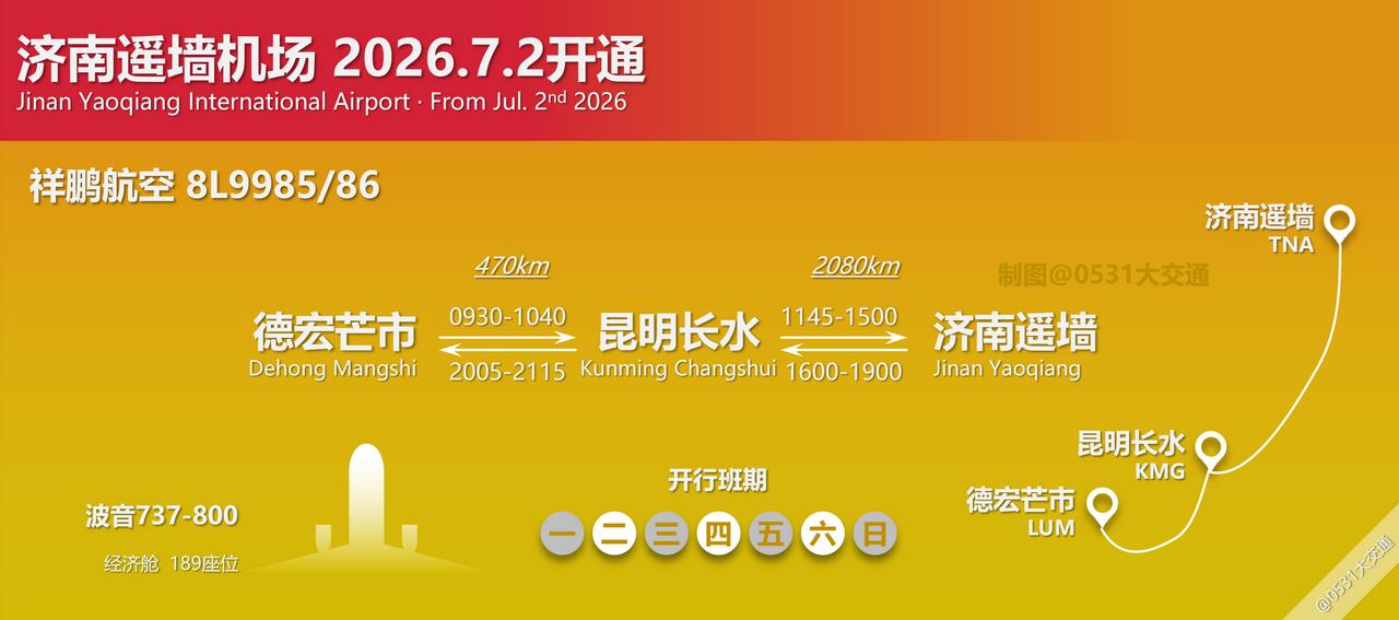 2026.7.2-2026.8.29暑运期间，祥鹏航空开通8L9985/86德宏