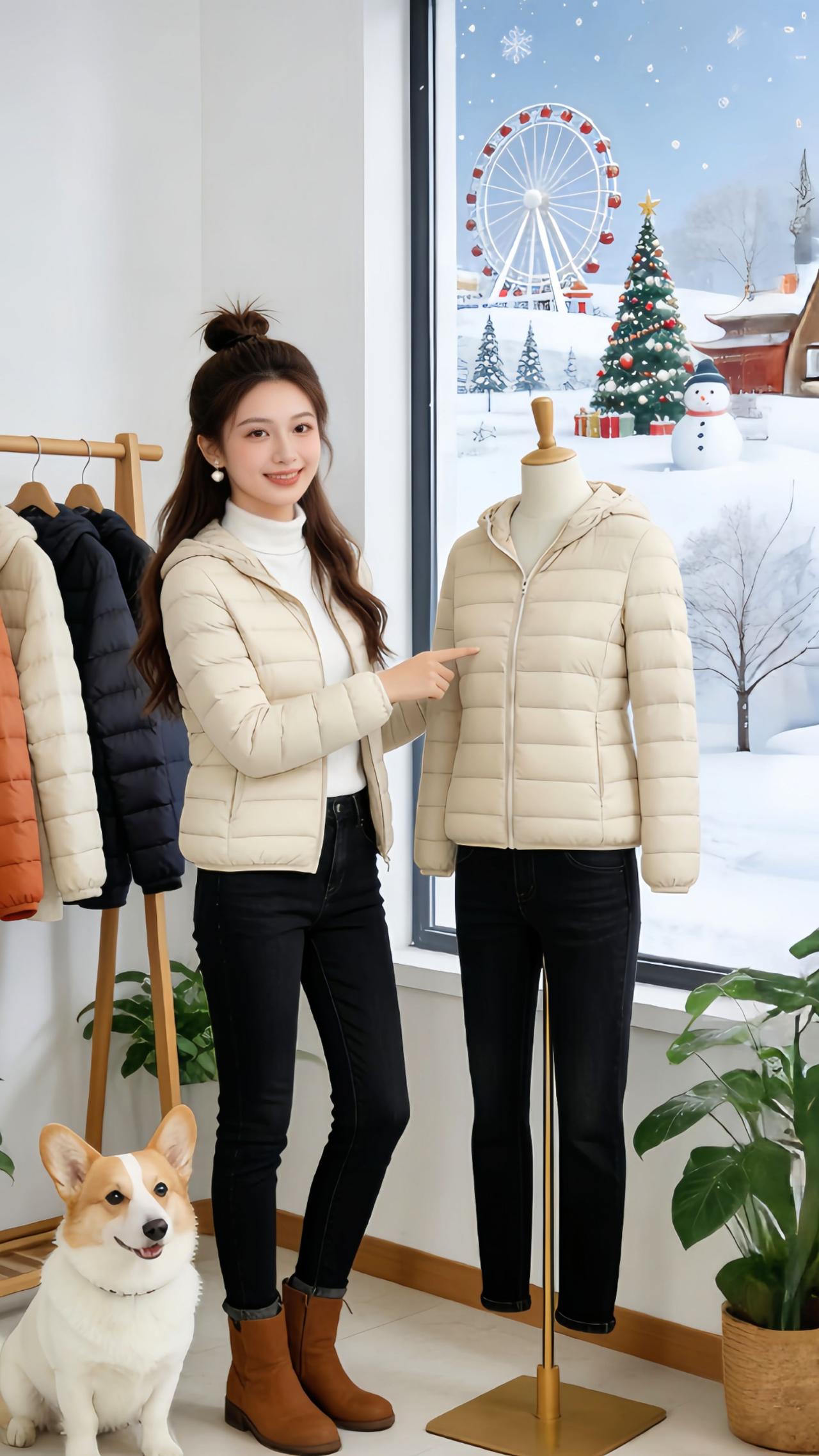 冬天想暖又不臃肿的姐妹速来抄作业！
   Danny这身米白色轻薄连帽羽绒服穿搭