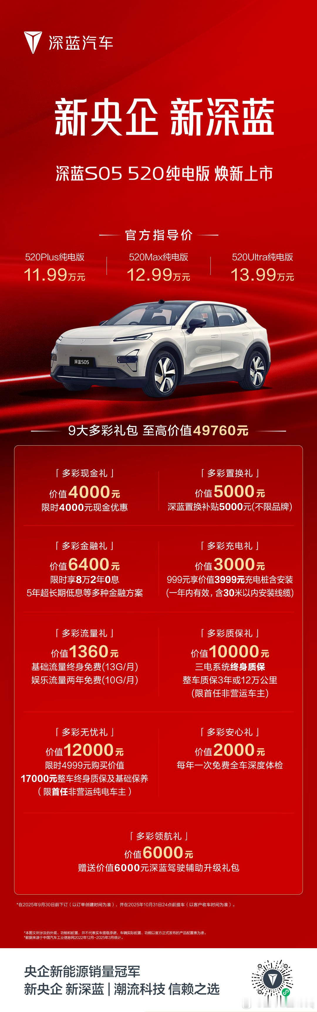 深蓝S05 520纯电版11.99万元起焕新上市即刻下定，至高可享49760元9