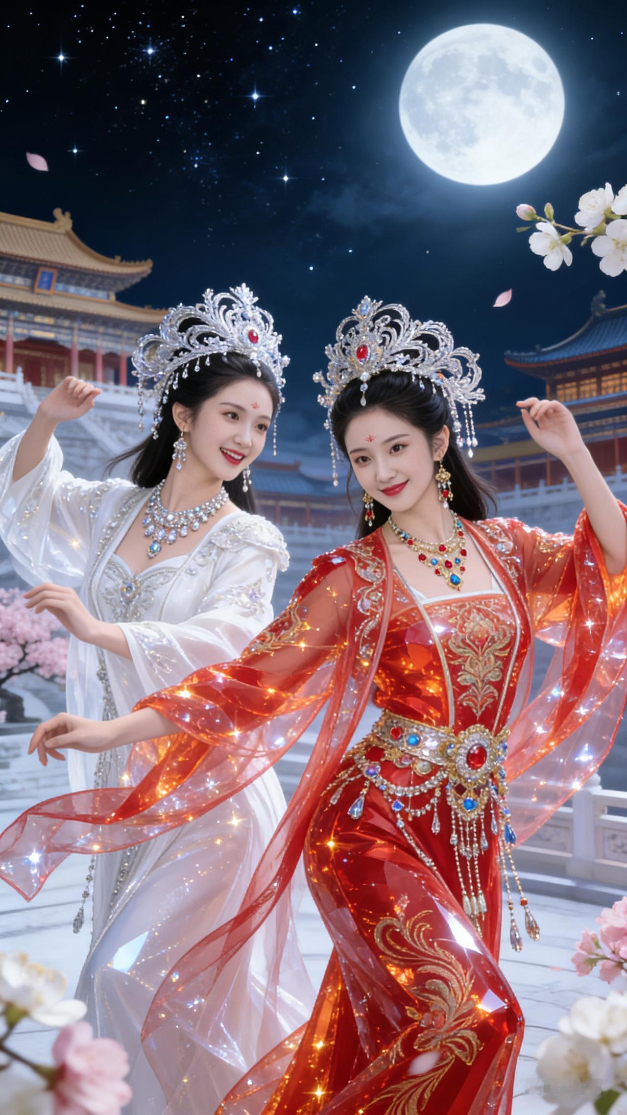 两位美女跳舞，表情开心快乐，宛如仙境仙女。