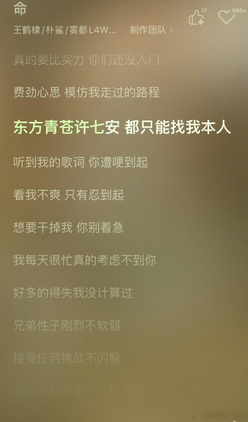王鹤棣新歌《命》歌词：“东方青苍许七安，都只能找我本人”[doge] 
