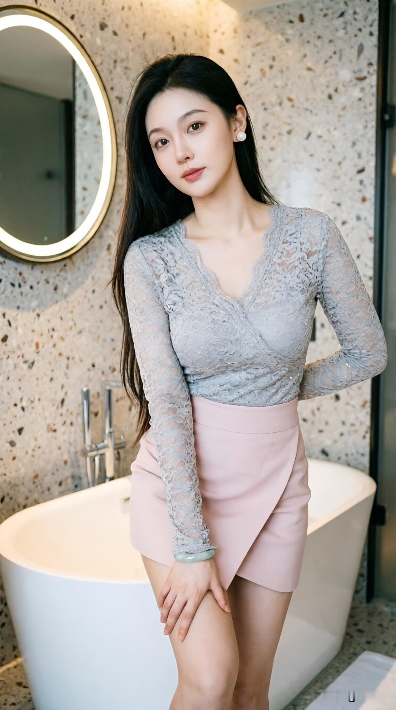浴室自拍能拍出高级感？那天我穿卡其色紧身裙，在洗手台旁摆姿势，米黄瓷砖、白色浴缸
