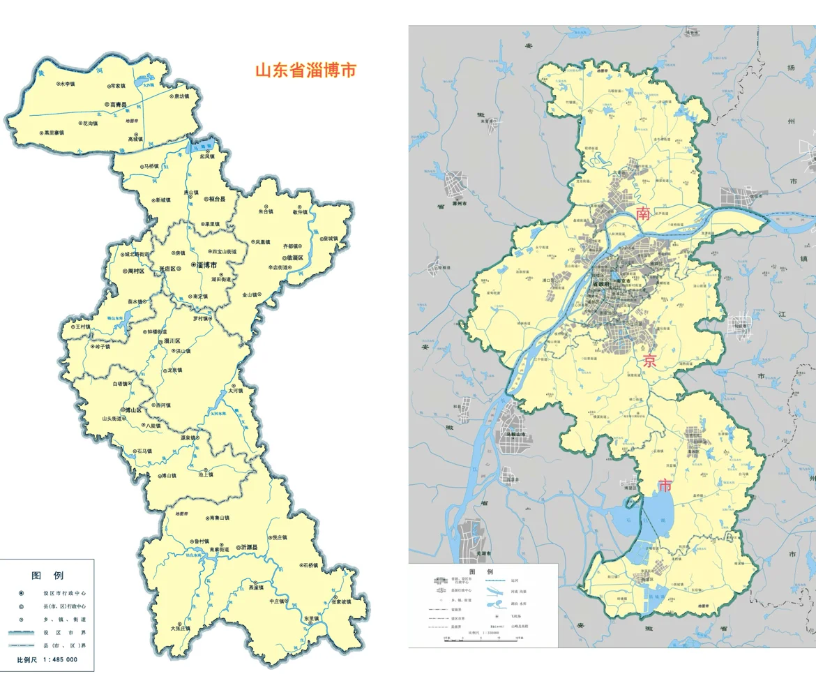 山东淄博和江苏南京辖区对比图