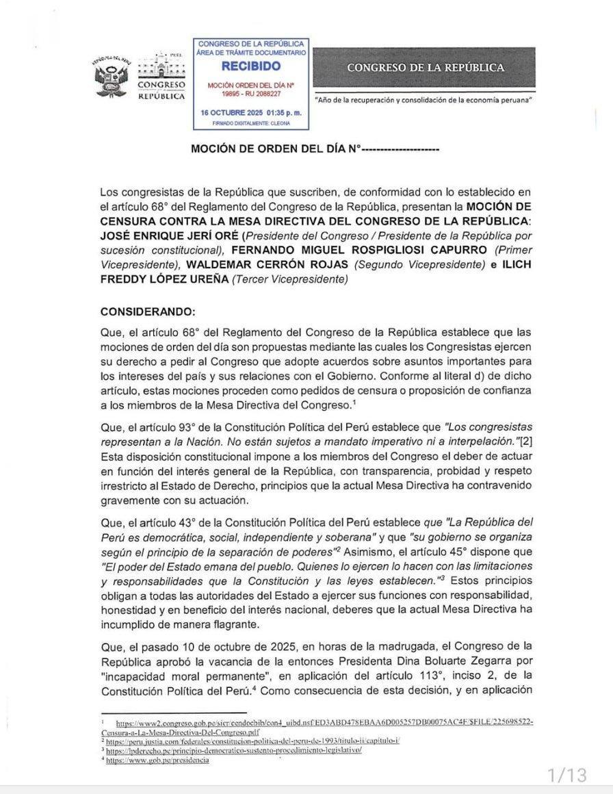 🇵🇪❗秘鲁国会议员提交了针对刚刚当选秘鲁总统的秘鲁国会主席 何塞·赫里 的不