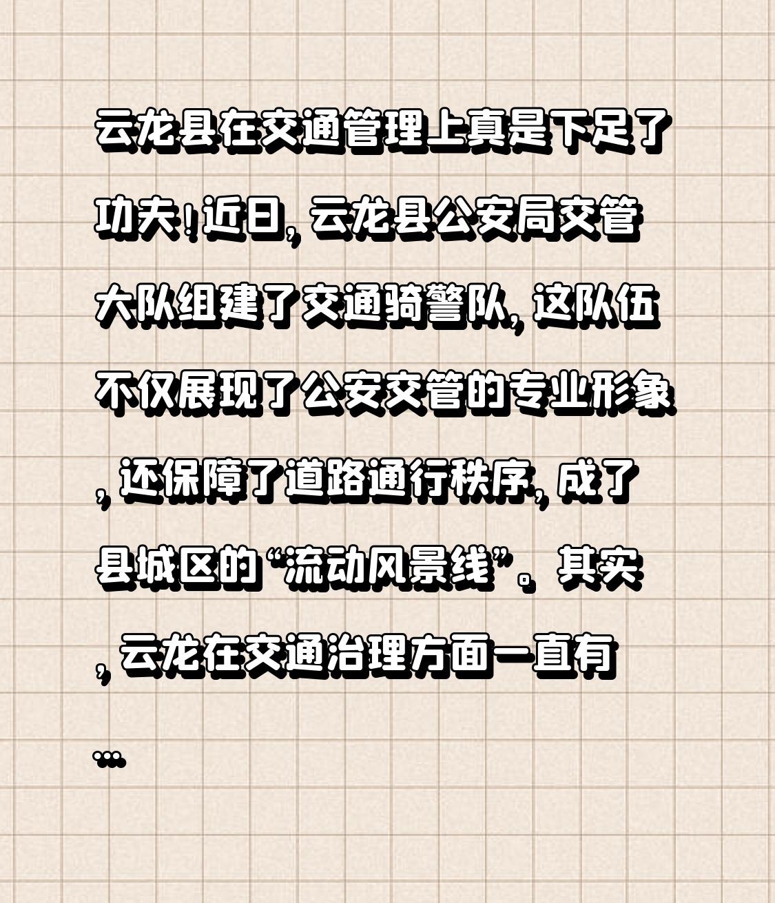 大理云龙县在交通管理上真是下足了功夫！近日，云龙县公安局交管大队组建了交通骑警队