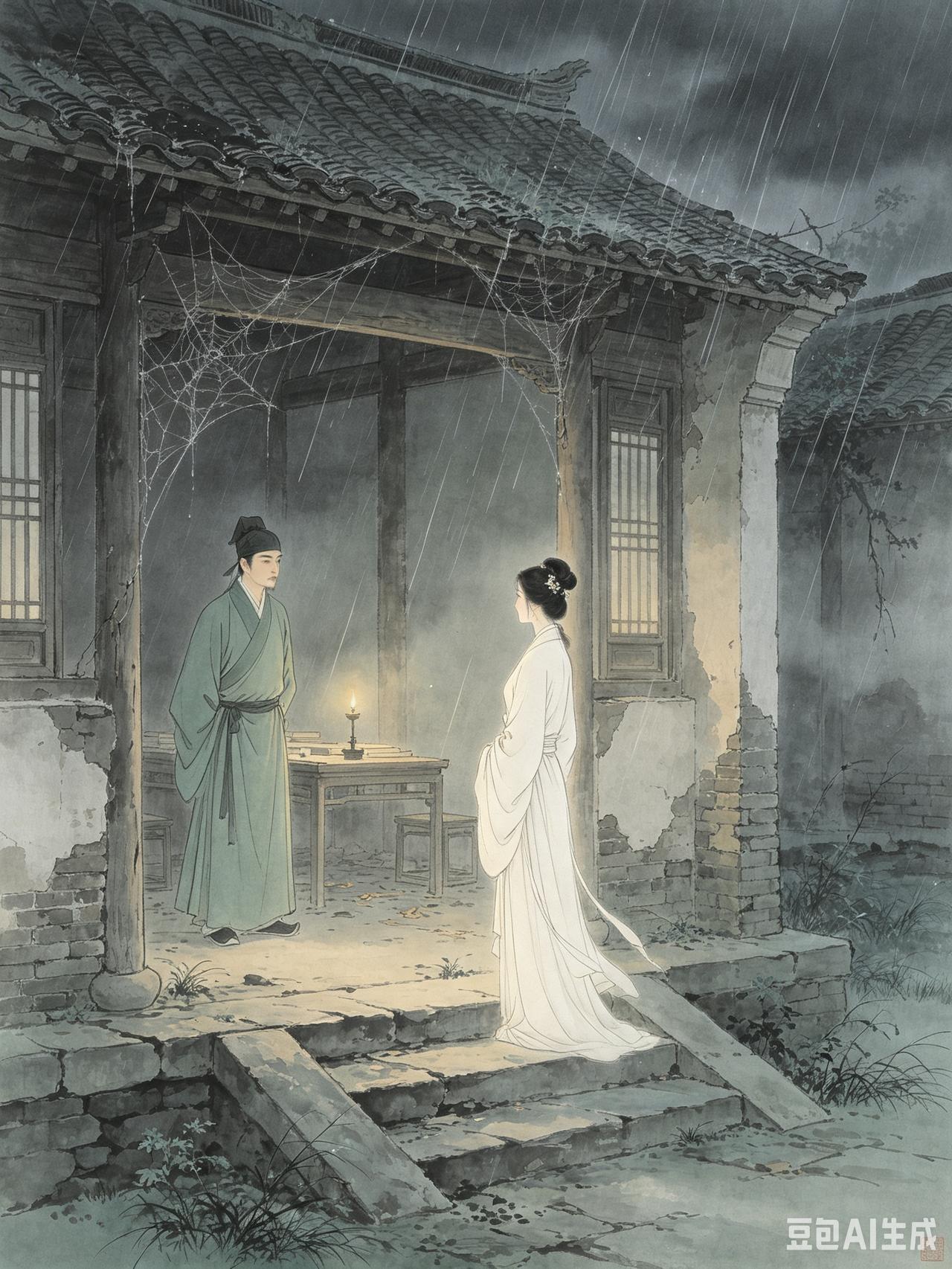 雨夜狐影
 
崇祯末年，淮上书生柳生，家贫，游学四方。一日暮雨滂沱，途遇荒庄，垣