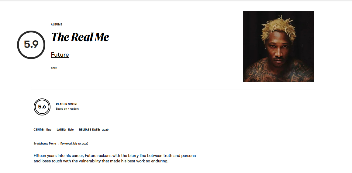 Pitchfork给Future的新专辑《The Real Me》打了5.9分 