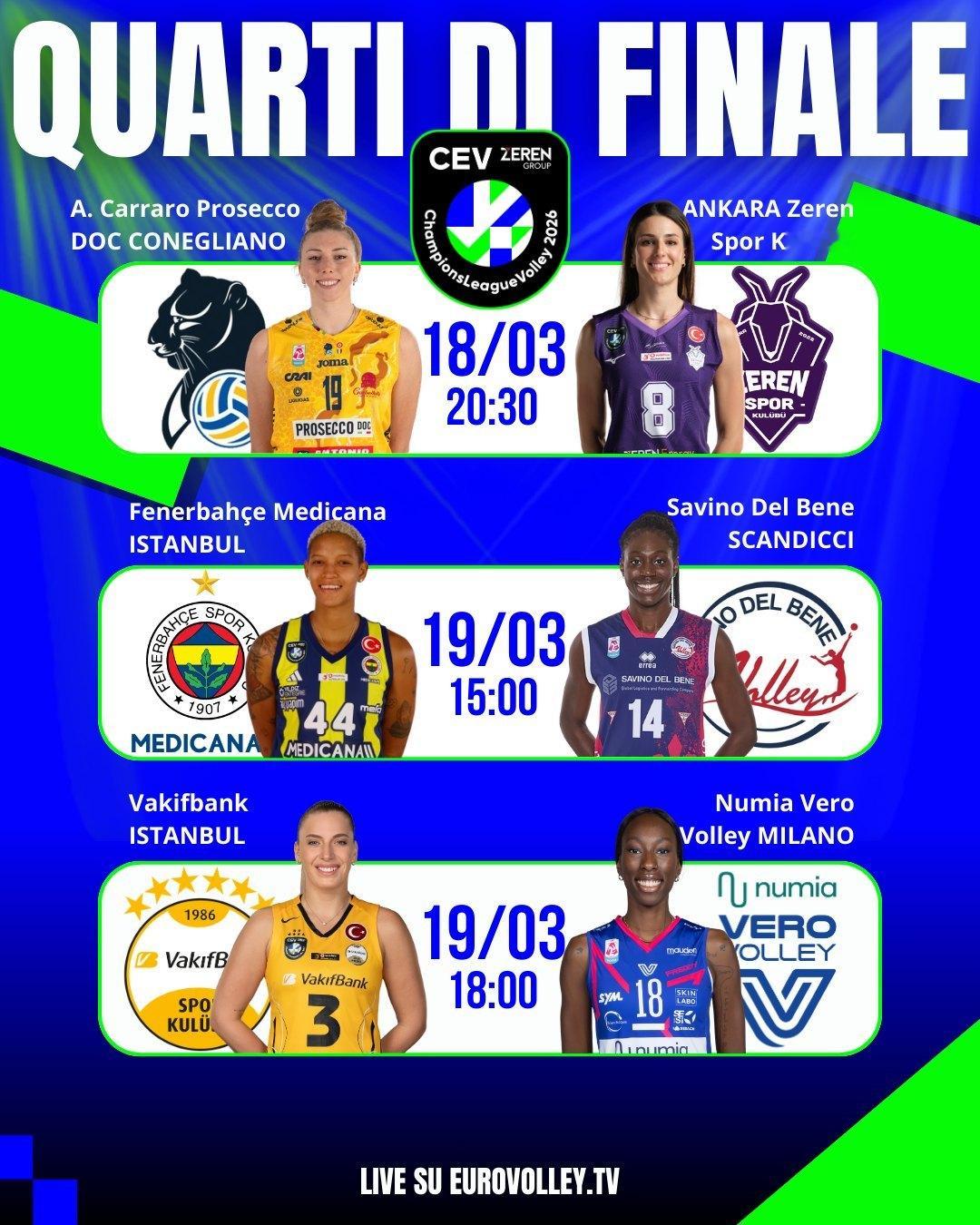 欧冠八进四第二回合较量，两天后，科内利亚诺对泽仁体育，19日凌晨3点30分！朱婷