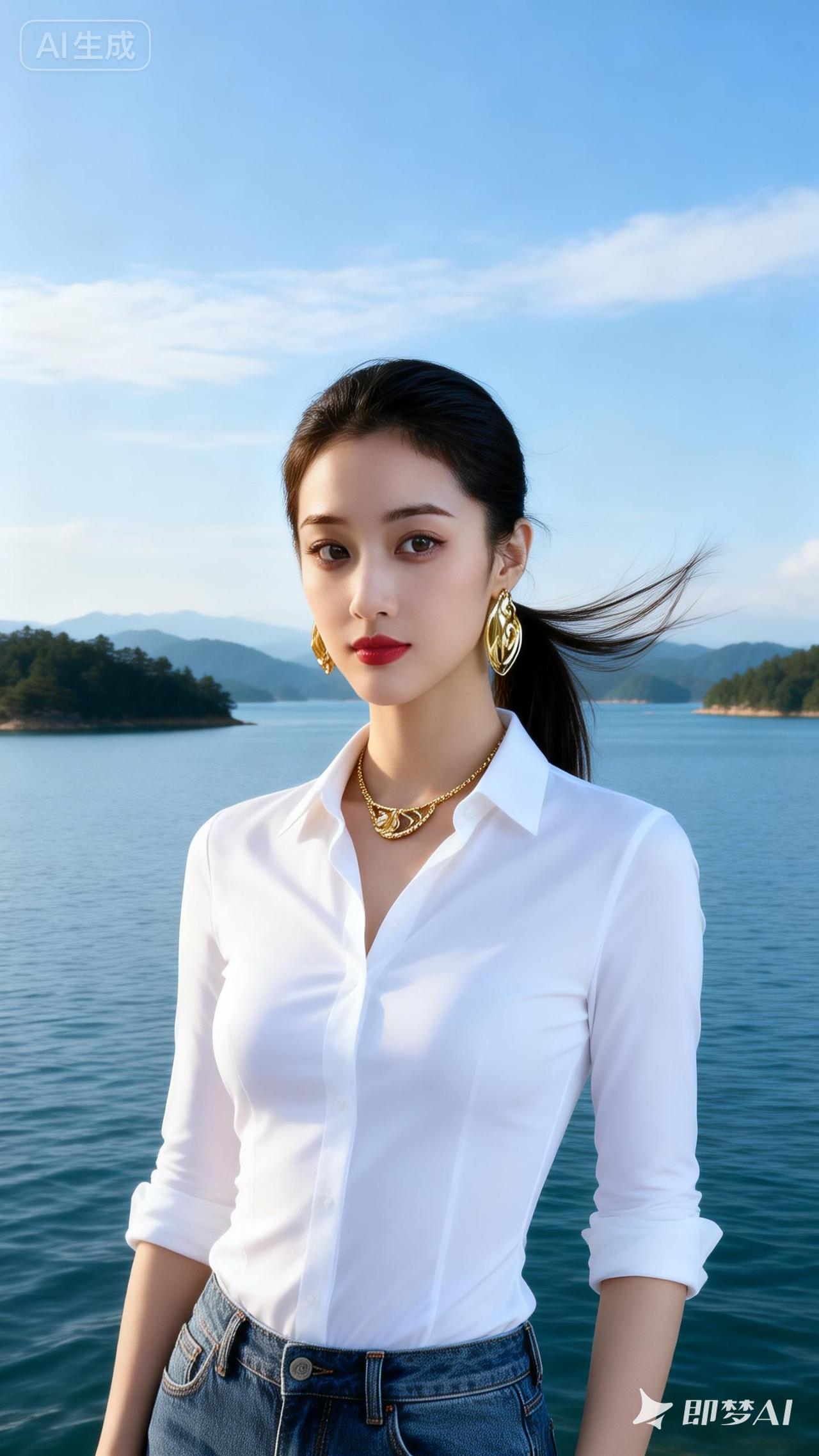 海边少女，白衬衫与金饰的完美搭配，尽显优雅与时尚。