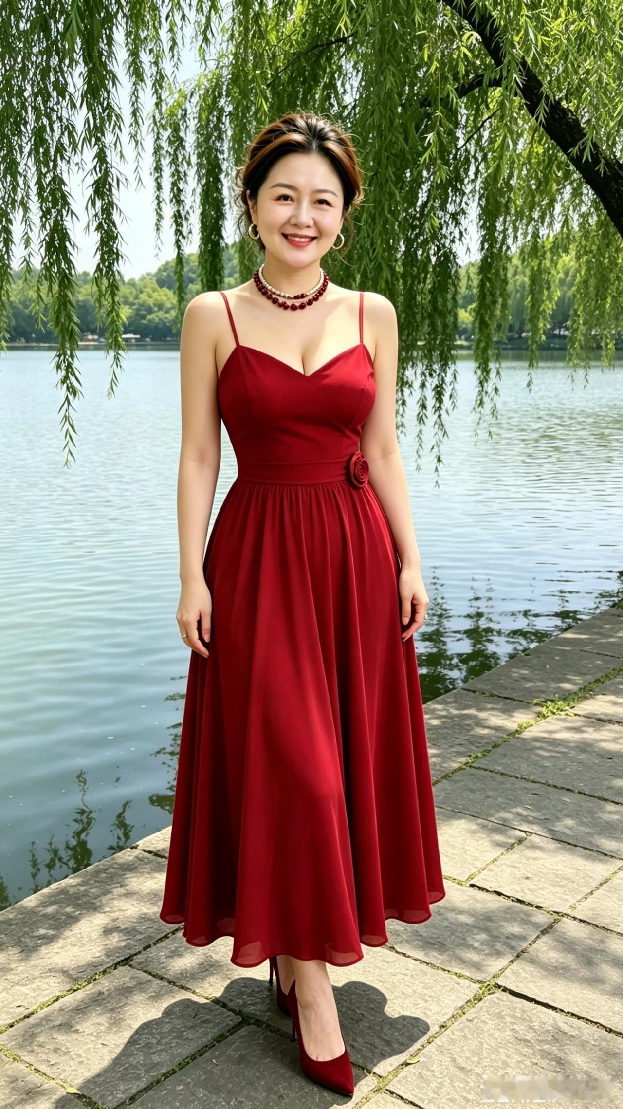昔日家中烦扰稠，如今心境乐无忧。
闲步湖边留靓影，浑身轻快笑难休。
往昔愁思皆罢
