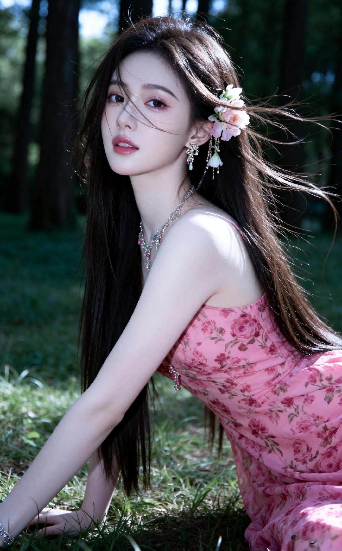 梦幻森林中的少女，粉裙飘飘，花环点缀，宛如仙子降临