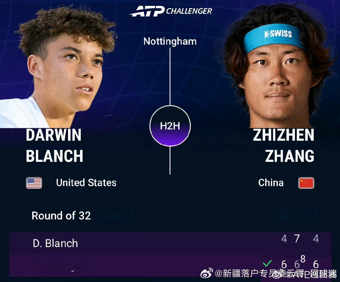 ATP挑战赛🇬🇧诺丁汉站首轮1️⃣，从资格赛突围的🇨🇳张之臻苦战三盘3️