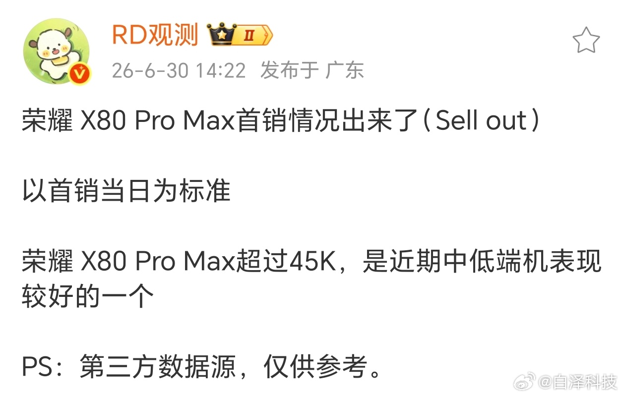 荣耀 X80 Pro Max首销成绩来了，销量超过45K。这么来看，官方战报的安