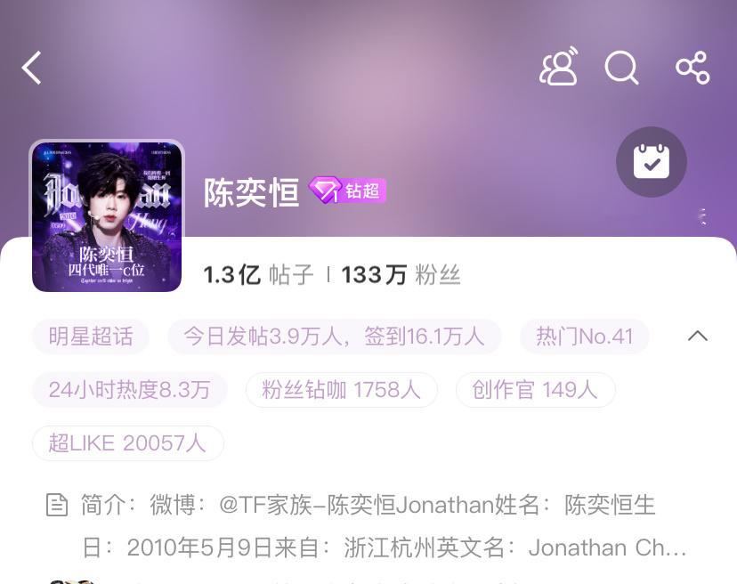 【投稿】陈奕恒四代超话首位破2w超like👍👍 