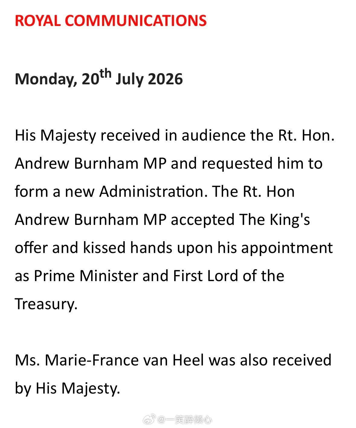 英国王室  今天查尔斯三世在白金汉宫分别接见新旧任首相🇬🇧Keir Star