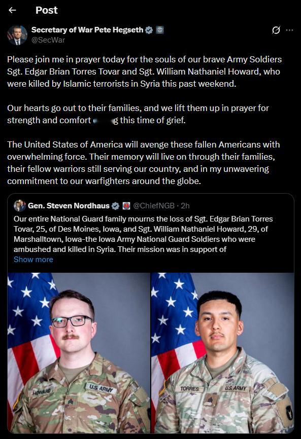 🐖 皮特·赫格塞斯：“请大家今天和我一起为我们勇敢的陆军士兵埃德加·布莱恩·托