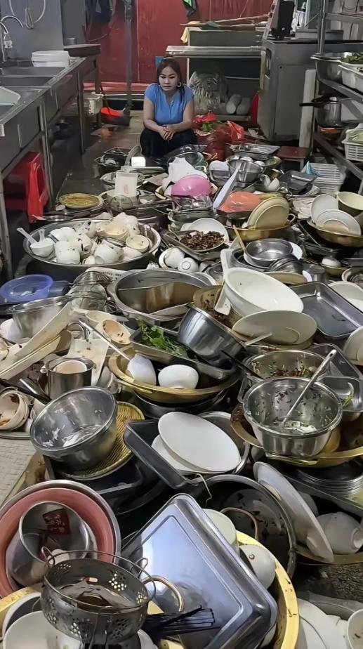 一堆盘碗摞成小山，遍地沾满剩菜油污，店家开出单日300的报酬招人清洗，图片在网上
