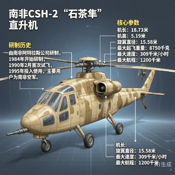 军事ai新视野 南非CSH-2“石茶隼”直升机机长：18.73米机高：5.19米