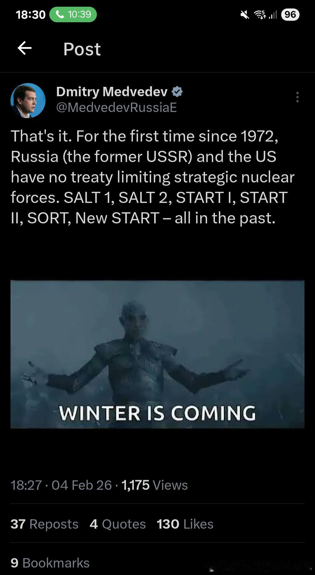 梅德韦杰夫：就是这样。自1972年以来，俄罗斯（前苏联）和美国之间首次没有限制战