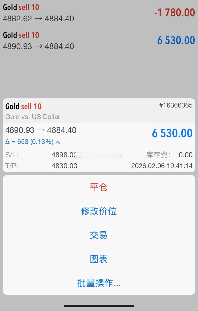 黄金4883位置空，4892位置加仓，现行情下跌至4882位置，空单双仓已浮盈1