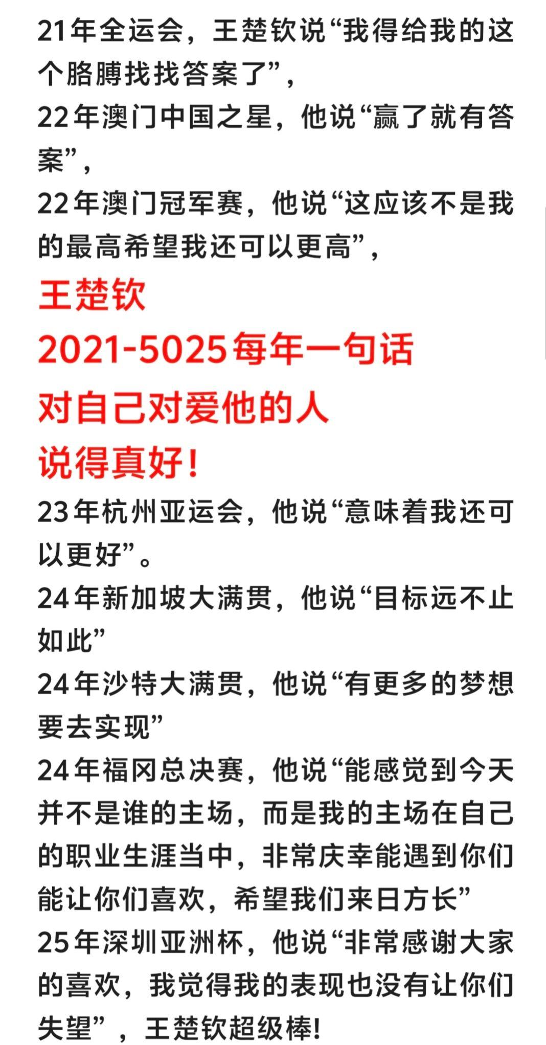 王楚钦2021-5025每年一句话，对自己对爱他的人，说得真好！王楚钦 国乒 乒