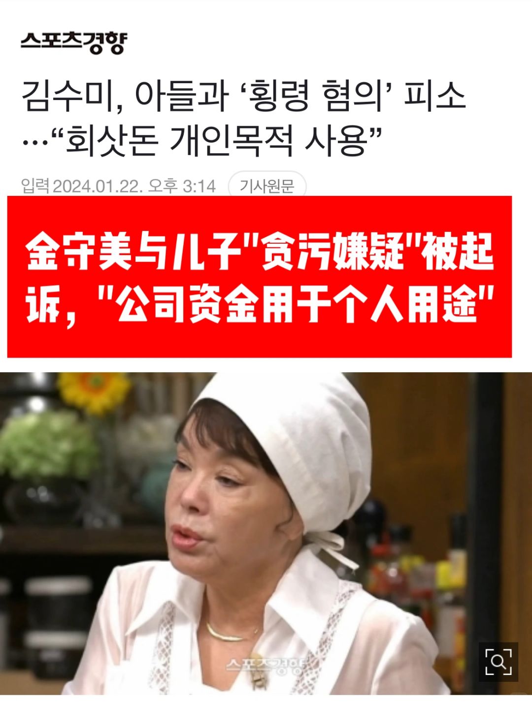 🔥韩国资深艺人金守美与儿子涉嫌贪污被起诉