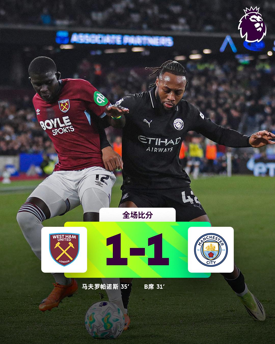 全场比分 | 西汉姆联 1-1 曼城

⚽第31分钟，马尔穆什前场左路直传，B席