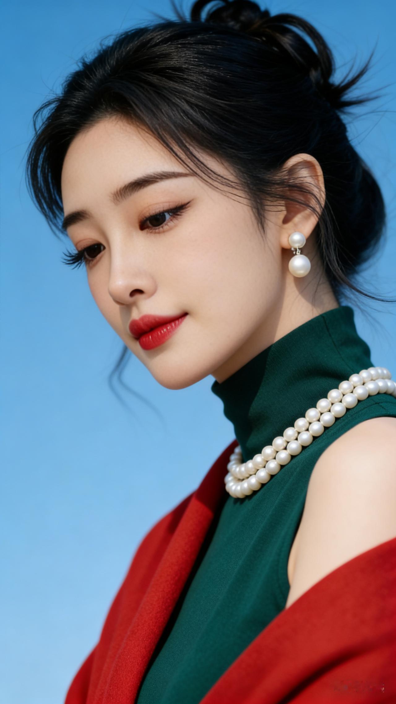 气质女孩精致妆容搭配珍珠项链，红绿撞色更显时尚魅力。