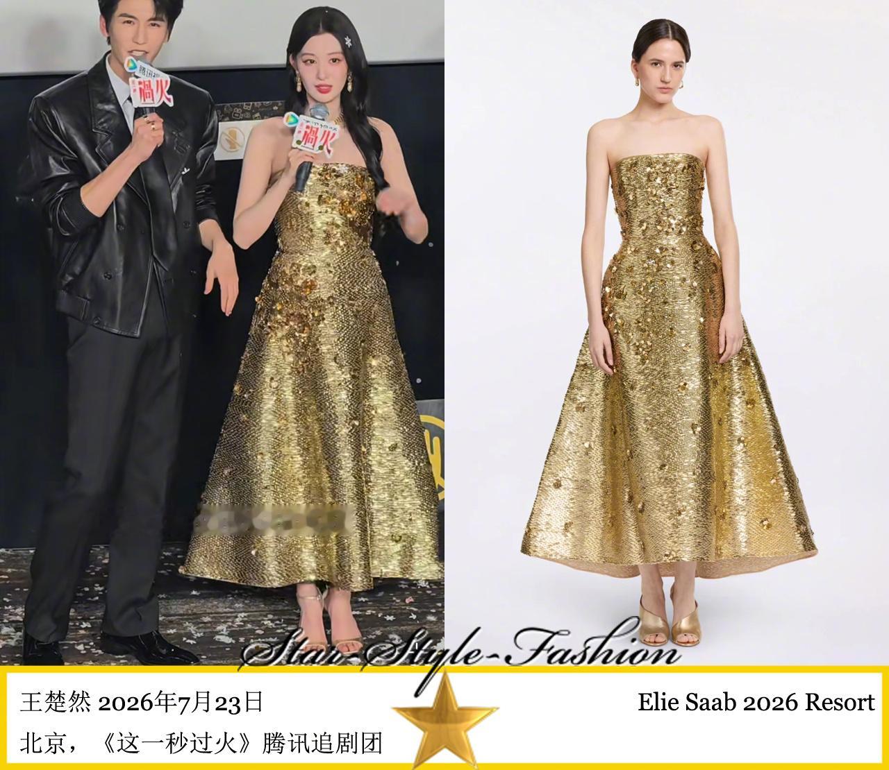 王楚然身着elie saab2026早春系列立体小花装饰金色亮片抹胸连身A字中裙