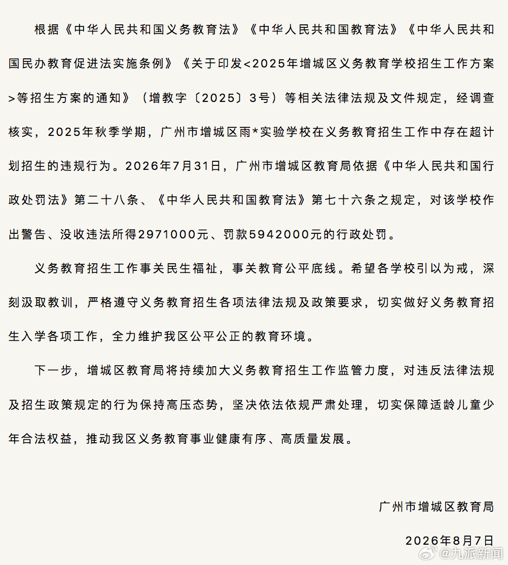 #一民办学校违规招生被罚没近900万#【#广州增城通报一民办学校违规招生#】8月