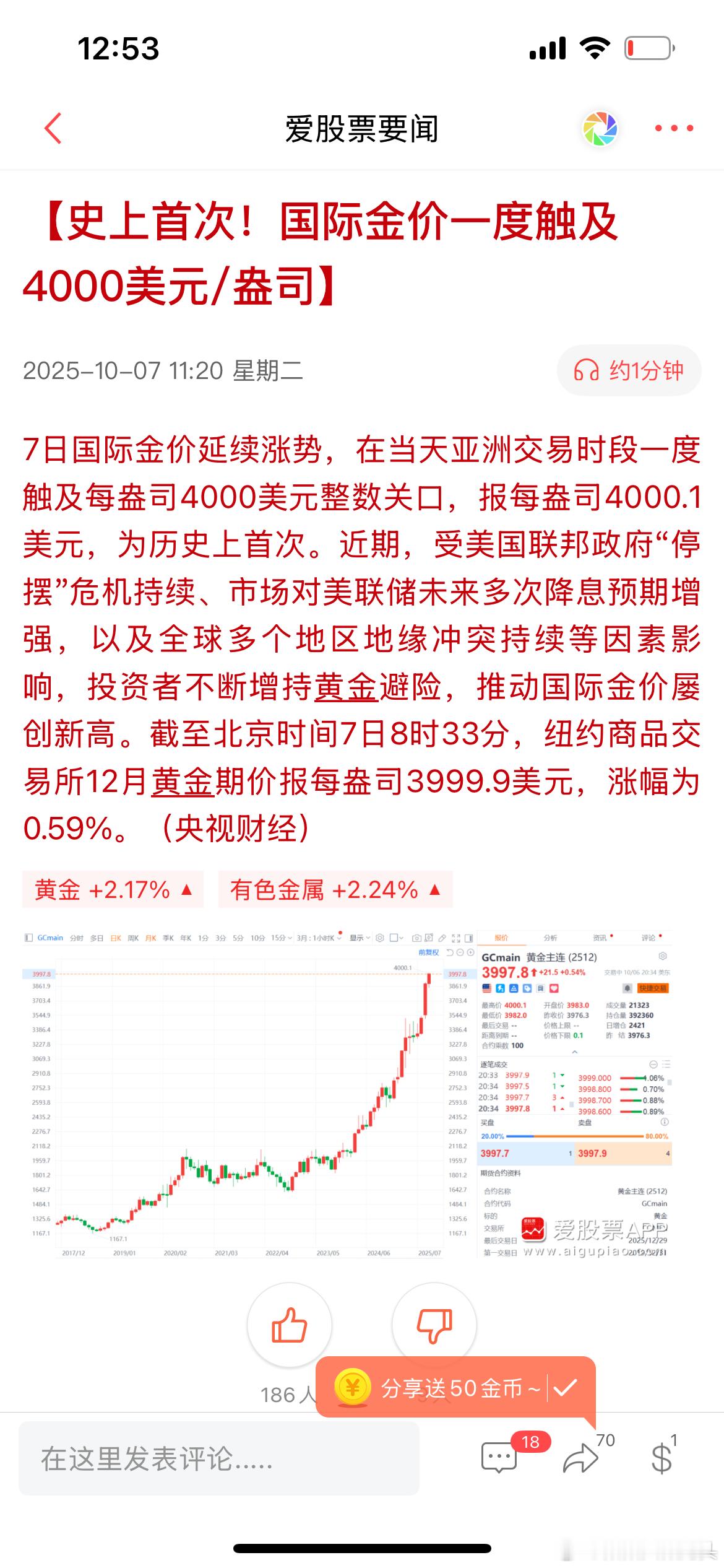 之前有个有趣的话题，A股和黄金谁先会站上4000？那会儿沪指3900，黄金也39