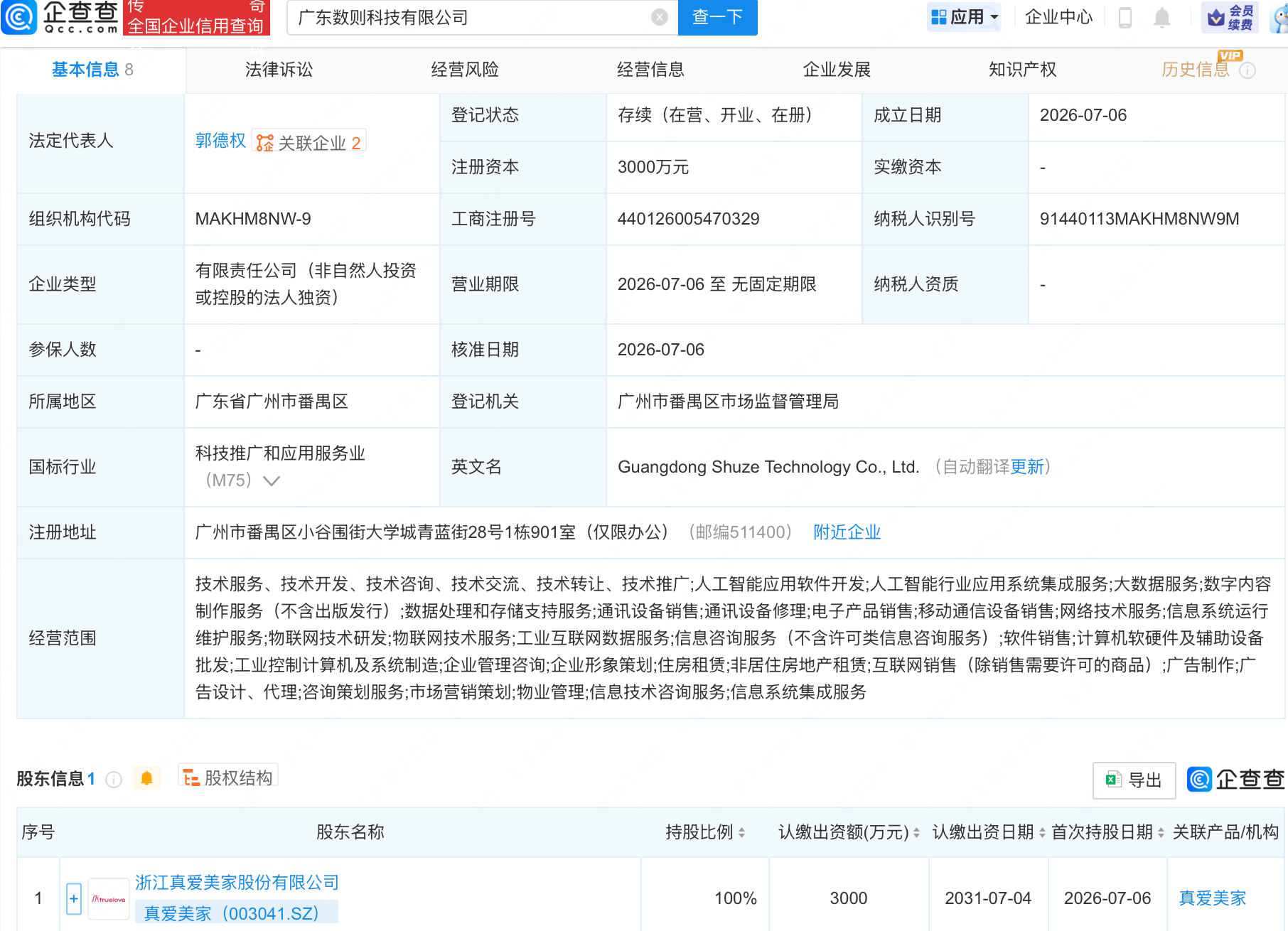 真爱美家成立科技新公司，含AI及物联网业务
