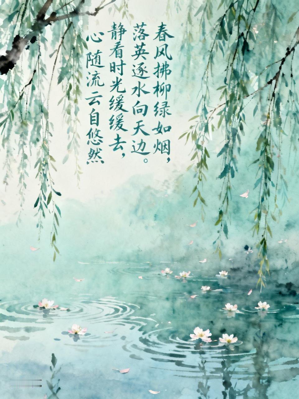 柳软风轻絮自悠，
残红逐水亦温柔。
人间未足皆风景，
心愿应逐时光流。