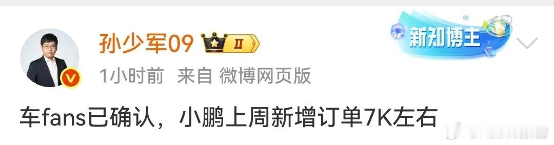 小鹏汽车上周新增订单7000台5月26日，发布，车fans已确认，小鹏上周新增订