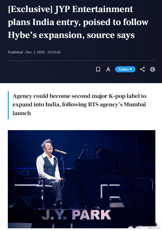 JYP计划进军印度市场  据业内人士透露，JYP 正筹备布局印度市场。作为手握 