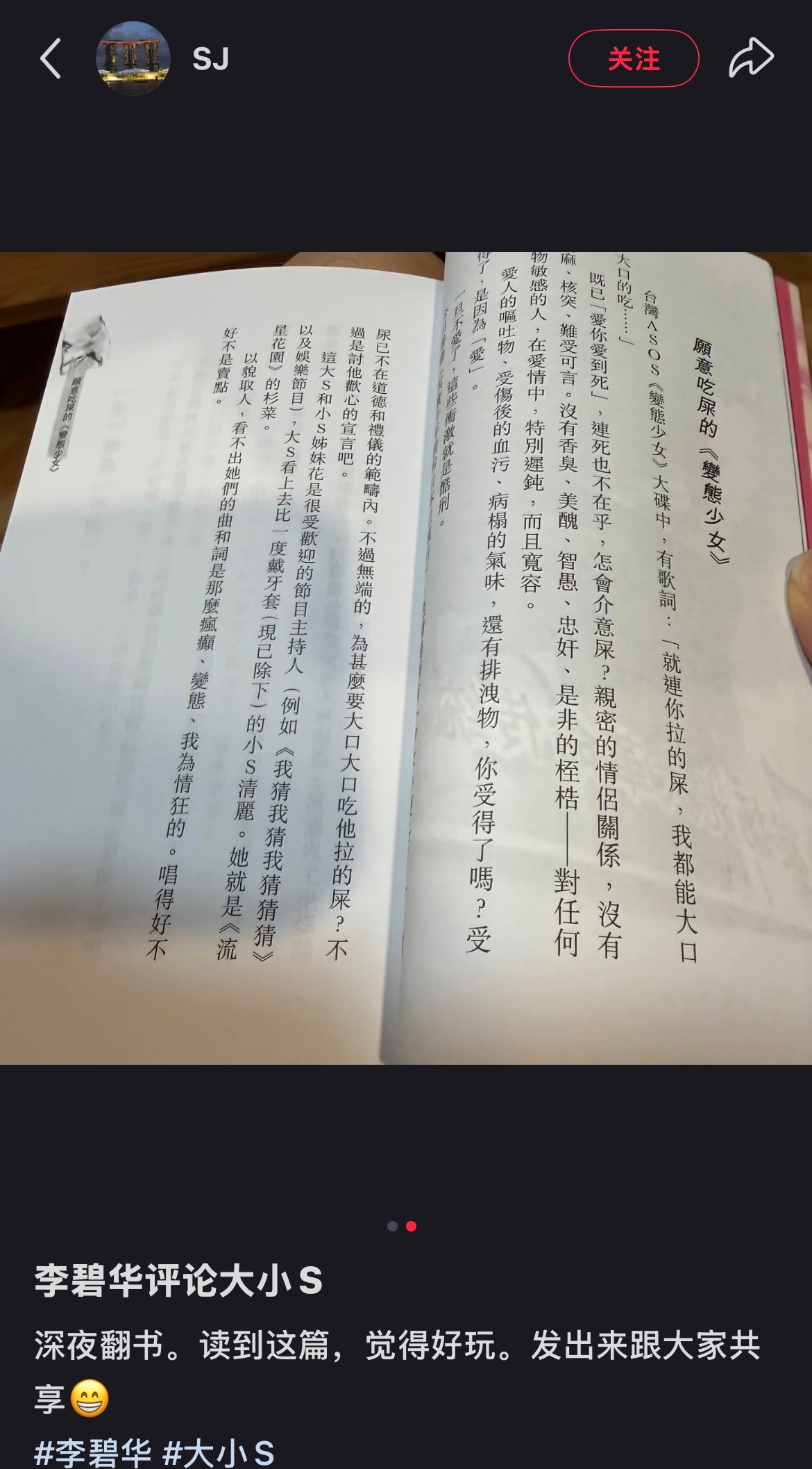 李碧华锐评大小S的爱你爱到死 「爱人的呕吐物、受伤后的血污、病榻的气味，还有排泄