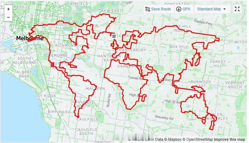 一位跑者为了庆生，在墨尔本跑了个世界地图轨迹出来。  