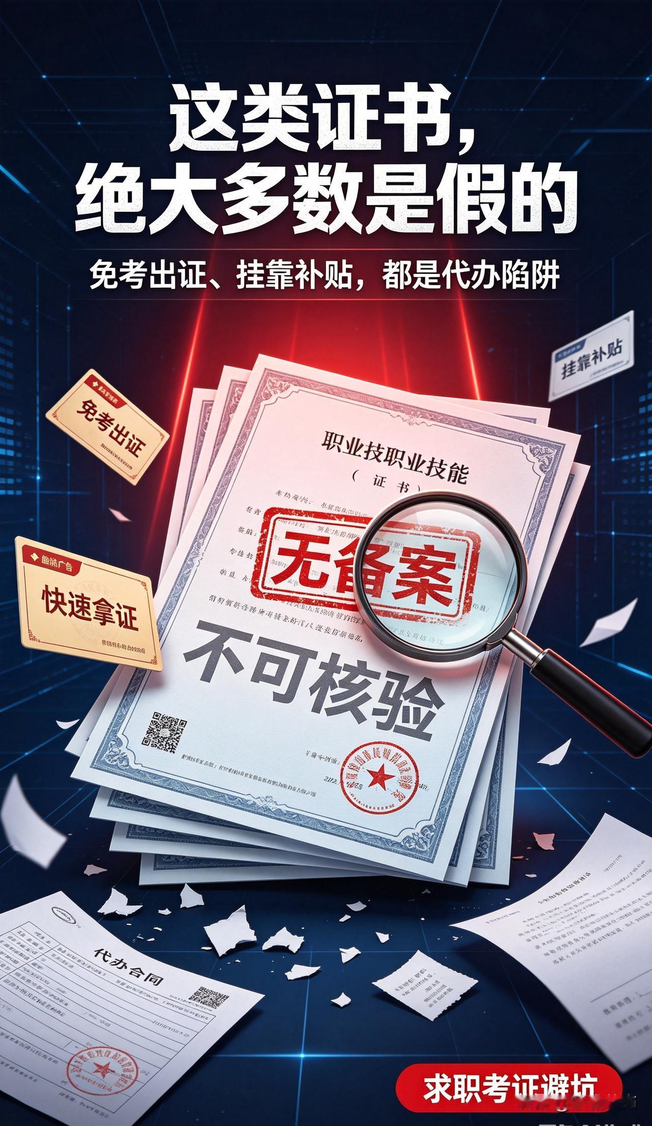 网上号称免考试、短时间出证的职业技能证书，绝大多数都没有效力。骗子抓住大家快速取