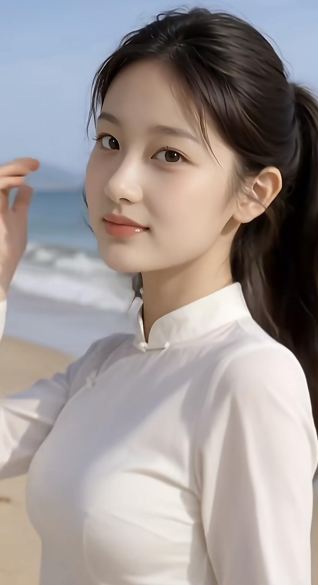 海边漫步，阳光明媚，白衣飘飘，青春洋溢少女风写真照 海边元气少女 沙滩白裙少女