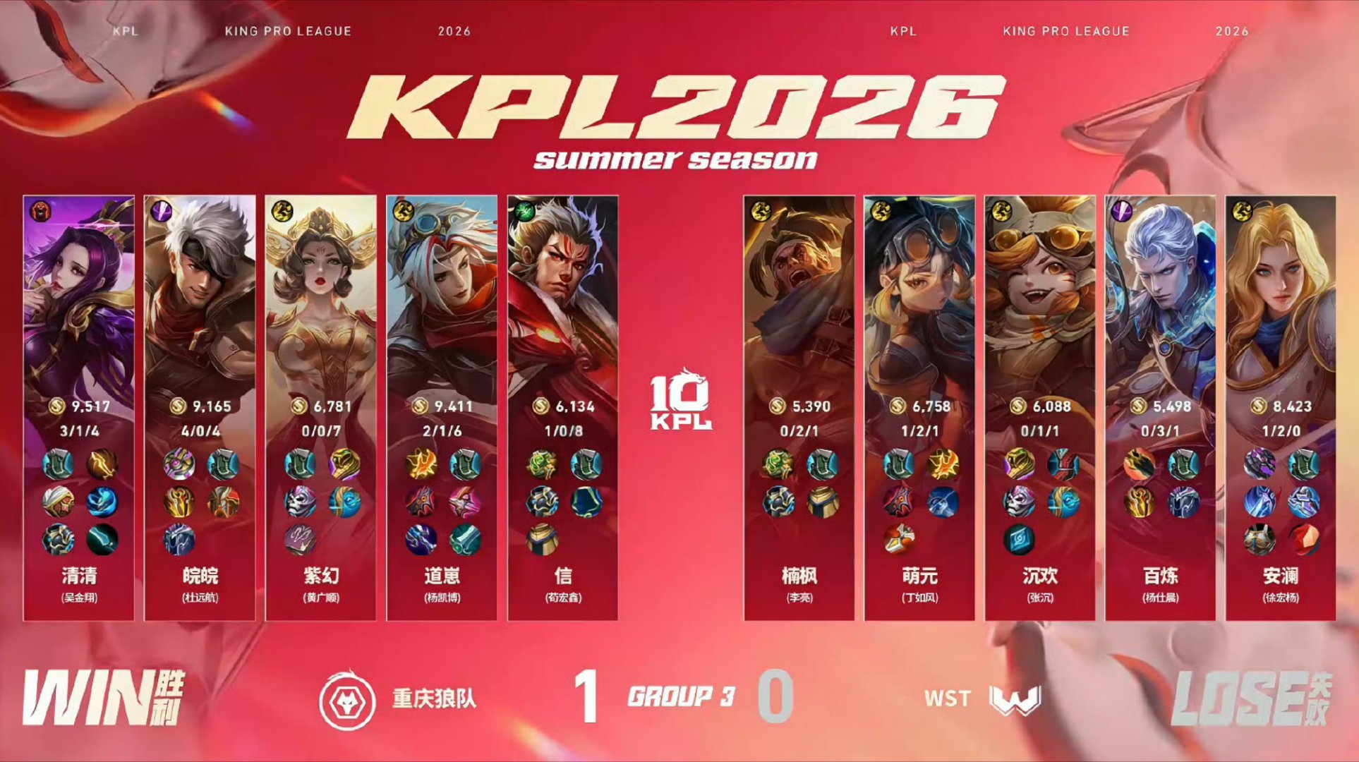 皖皖的夏侯惇2026KPL夏季赛 常规赛第一轮W2D5狼队对战WST【重庆狼队 