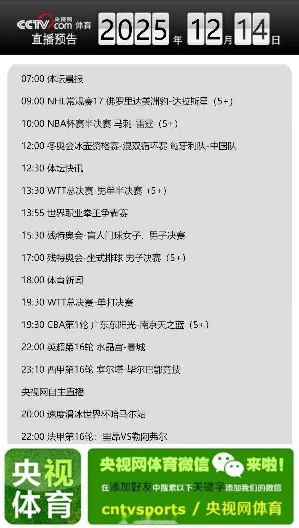 【央视网体育12月14日直播预告】07:00 体坛晨报；09:00 NHL常规赛