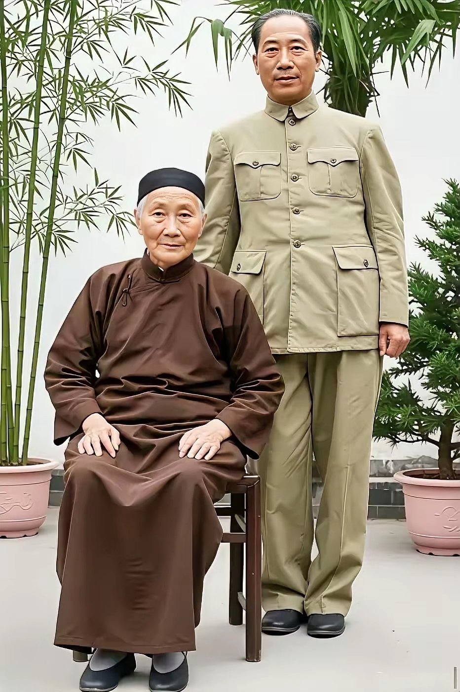 1945年。重庆梅花山别墅。这是屠杀共产党和革命群众的魔头和他的母亲蓝月喜的合影