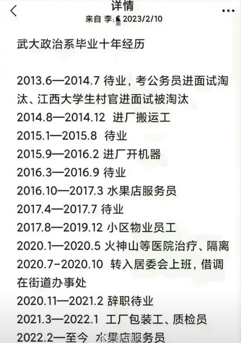 武汉大学学生太不讲武德了，竟然在叉上晒出了自己的学历和毕业后就经历。不过可以肯定