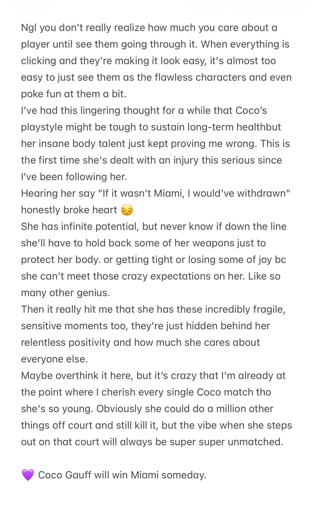 今年迈阿密，可可高芙第一场比赛第一盘又输给科恰雷托的时候，我当时有点破防，随手打