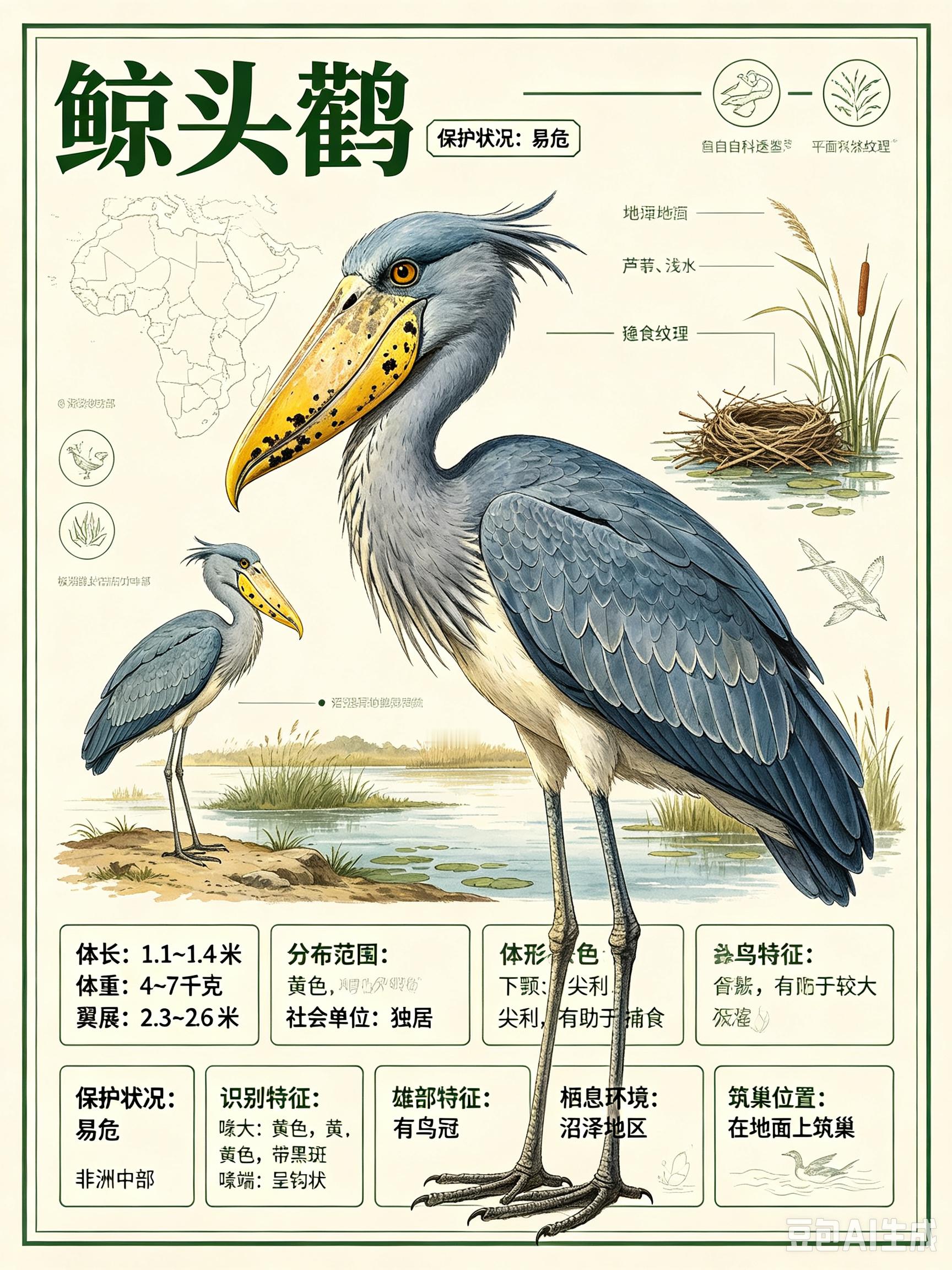 鸟类朋友图鉴 鲸头鹳体长：1.1~1.4 米体重：4~7 千克翼展：2.3~2.
