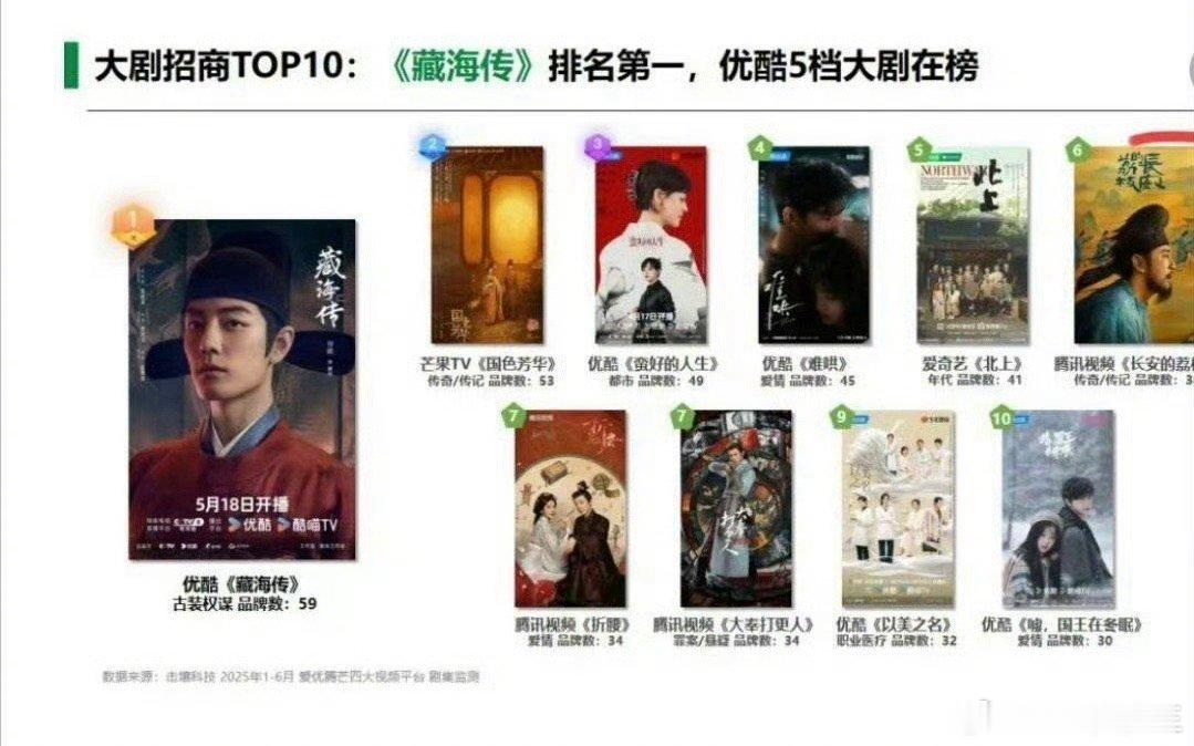 今年大剧招商TOP10，分别是：肖战《藏海传》、杨紫《国色芳华》、孙俪《蛮好的人